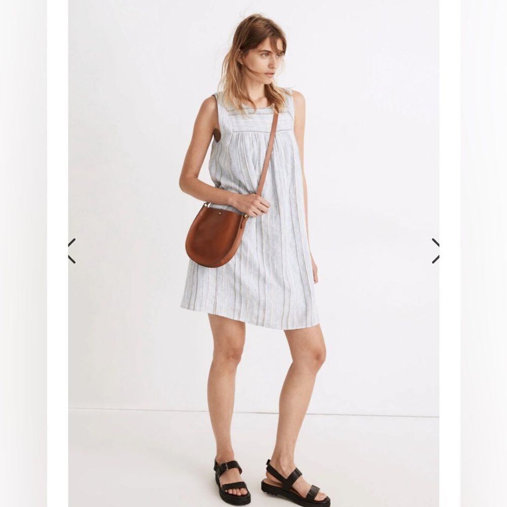 Madewell Women's XXS Yoked Mini Dress in Textured Stripe Sleeveles Blue Pockets